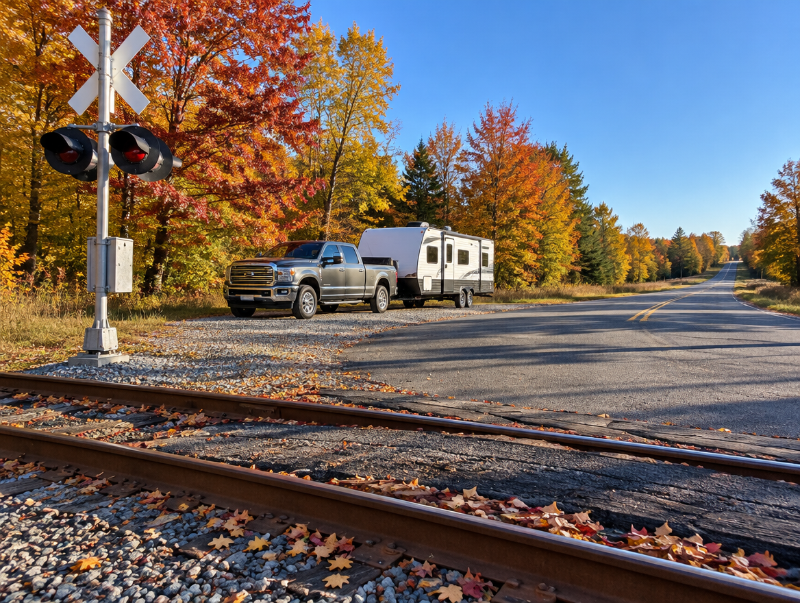 A pickup towing a travel trailer waits by a rural railroad crossing with a crossbuck, signal mast and autumn trees.