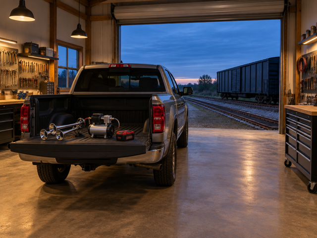 A pickup truck with a train horn kit and red battery on its tailgate, inside a lit rail workshop open onto the track at dusk