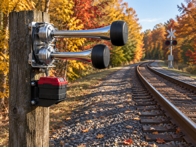 Chrome train horn with black debris caps mounted on a post beside autumn railroad tracks, with a red battery pack.