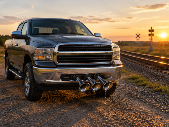 Pickup truck by a railway line at golden hour, with chrome train horn trumpets angled down under the front bumper.