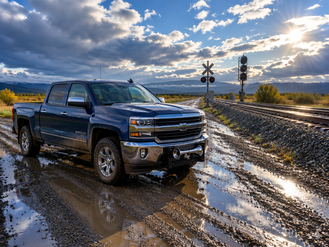 A pickup with a bumper-mounted air horn on a wet washboard road beside railway tracks and a crossbuck after rain.