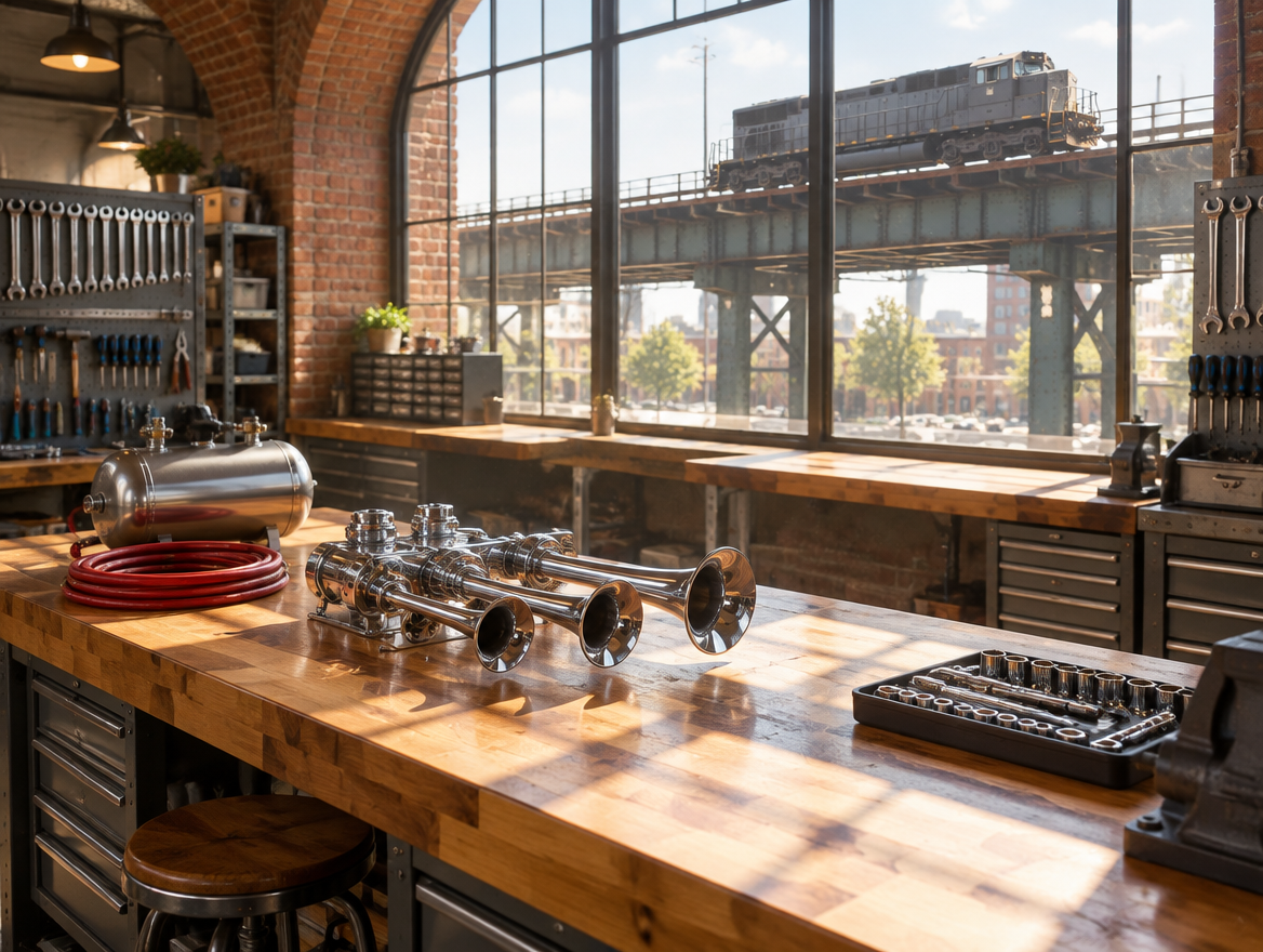 Sunlit workshop under a city rail viaduct with a chrome multi-trumpet air horn on a wooden workbench.