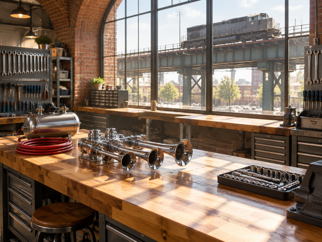 Sunlit workshop under a city rail viaduct with a chrome multi-trumpet air horn on a wooden workbench.