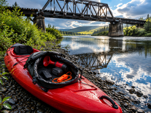 A red kayak on a wet gravel bank under a railway bridge, with a dry bag holding a battery air horn and a whistle.