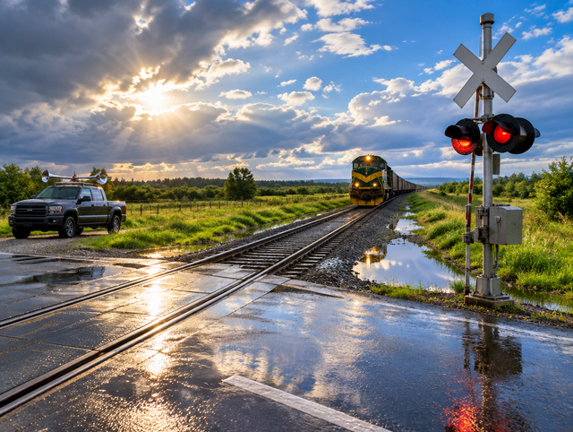 A freight locomotive nears a rural grade crossing after rain, with a pickup carrying chrome air horns parked nearby.