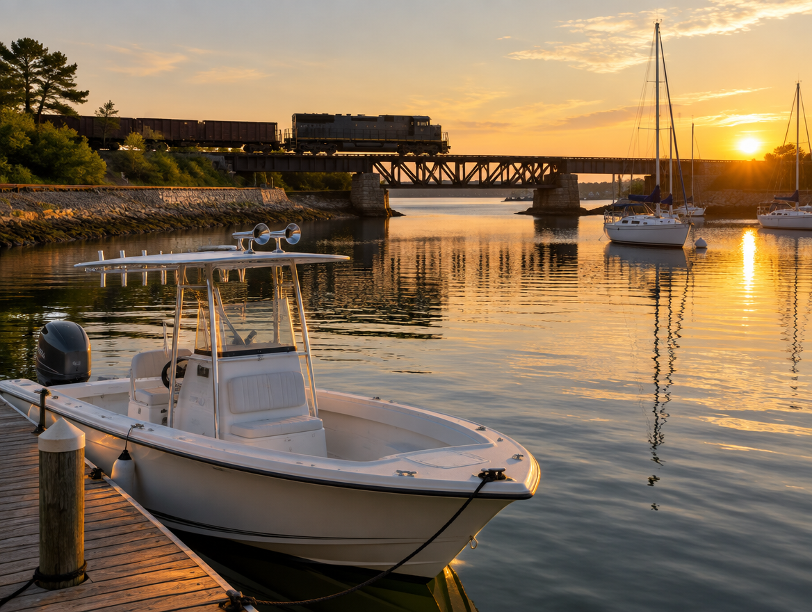A white center-console boat with a chrome air horn docked in a harbor as a freight locomotive crosses a trestle at sunset.
