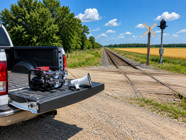A portable train horn and a megaphone sit on a pickup tailgate beside a farm railroad crossing on a sunny summer day.