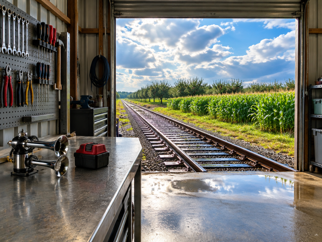 A tidy rail workshop with an air horn and a red battery pack on the bench, its open door facing wet track and a cornfield