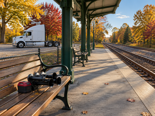 Station platform in autumn with a train horn kit on a bench and a semi-truck parked beyond the fence