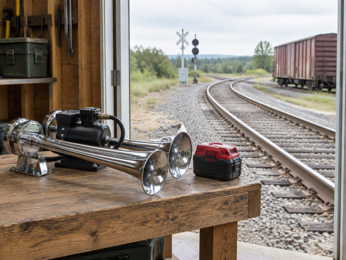 Chrome train horn kit and red-topped cordless battery on a workbench in a trackside shed, with rails and a boxcar outside.