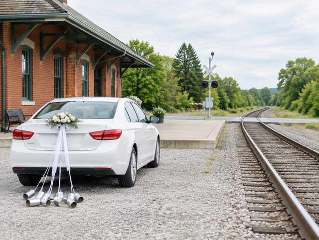 A white sedan with tin cans and ribbons parked beside a small-town railway depot and crossing on an overcast day.