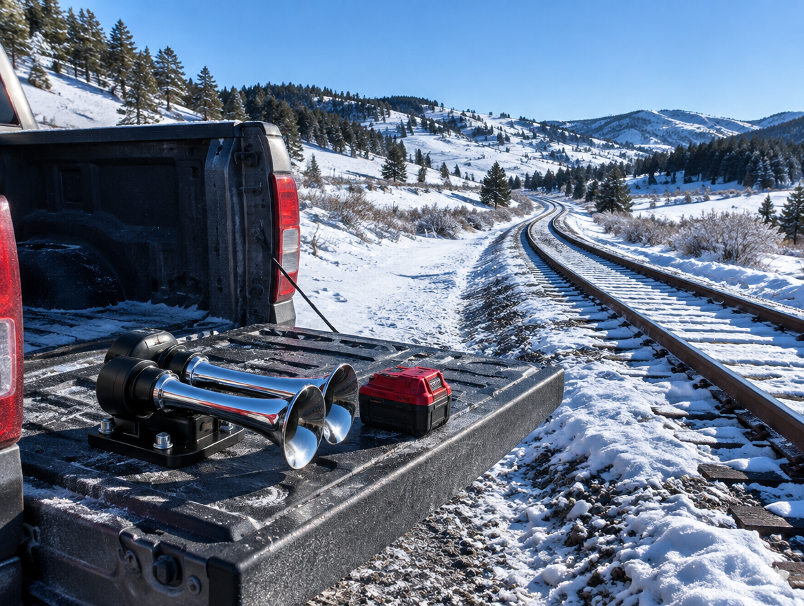 A compact twin-trumpet horn and red battery pack on a pickup tailgate beside a snowy single-track line curving through hills