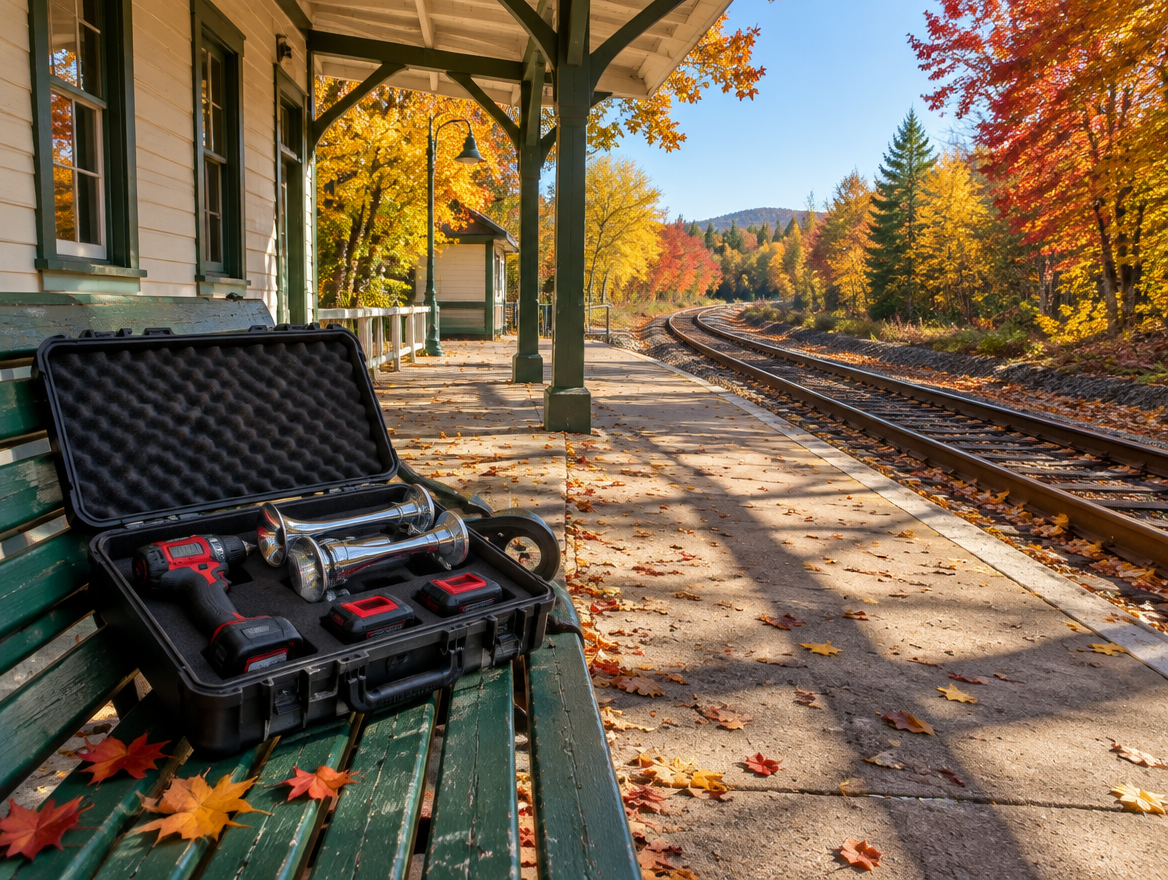 Drill, chrome train horn and red-and-black battery packs on a station bench, with autumn trees and tracks behind