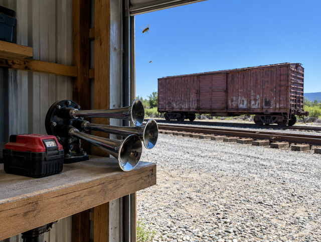 A train horn and red battery on a workshop shelf by an open rolling door, with a boxcar on a sunlit siding beyond.
