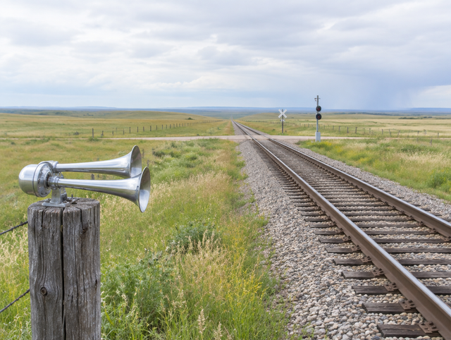 Chrome train horn on a fence post beside a straight rural rail line under a bright silvery overcast sky.