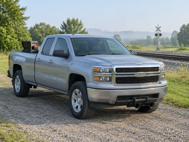 A pickup truck with train horns under its front bumper parked beside a rural rail line on a hazy morning.