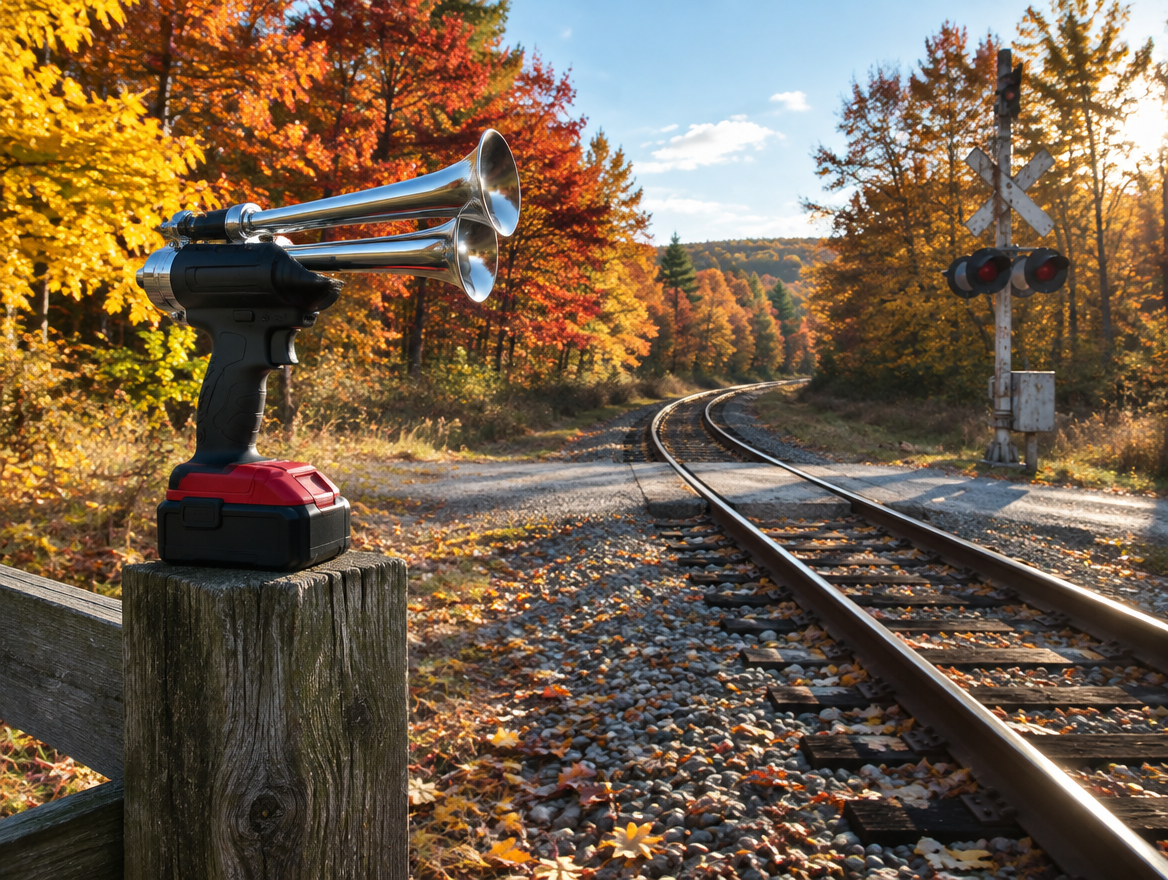 A drill-style handheld train horn resting on a fence post beside a rural rail crossing lined with autumn trees.