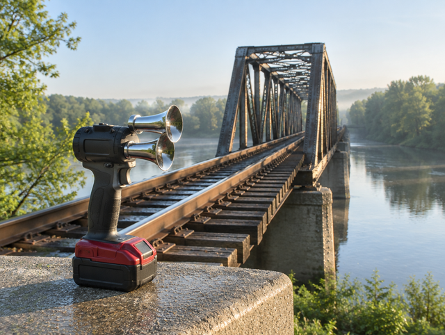 A compact battery-powered air horn with a red battery pack sits near a steel trestle railway bridge over a river at morning.