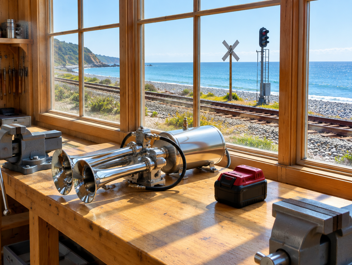Sunlit workshop bench with a chrome train horn and red battery pack, coastal railway and sea visible through windows
