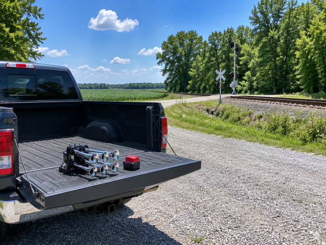 A pickup with a portable train horn kit and red battery on its tailgate, parked on gravel near a rural rail line.