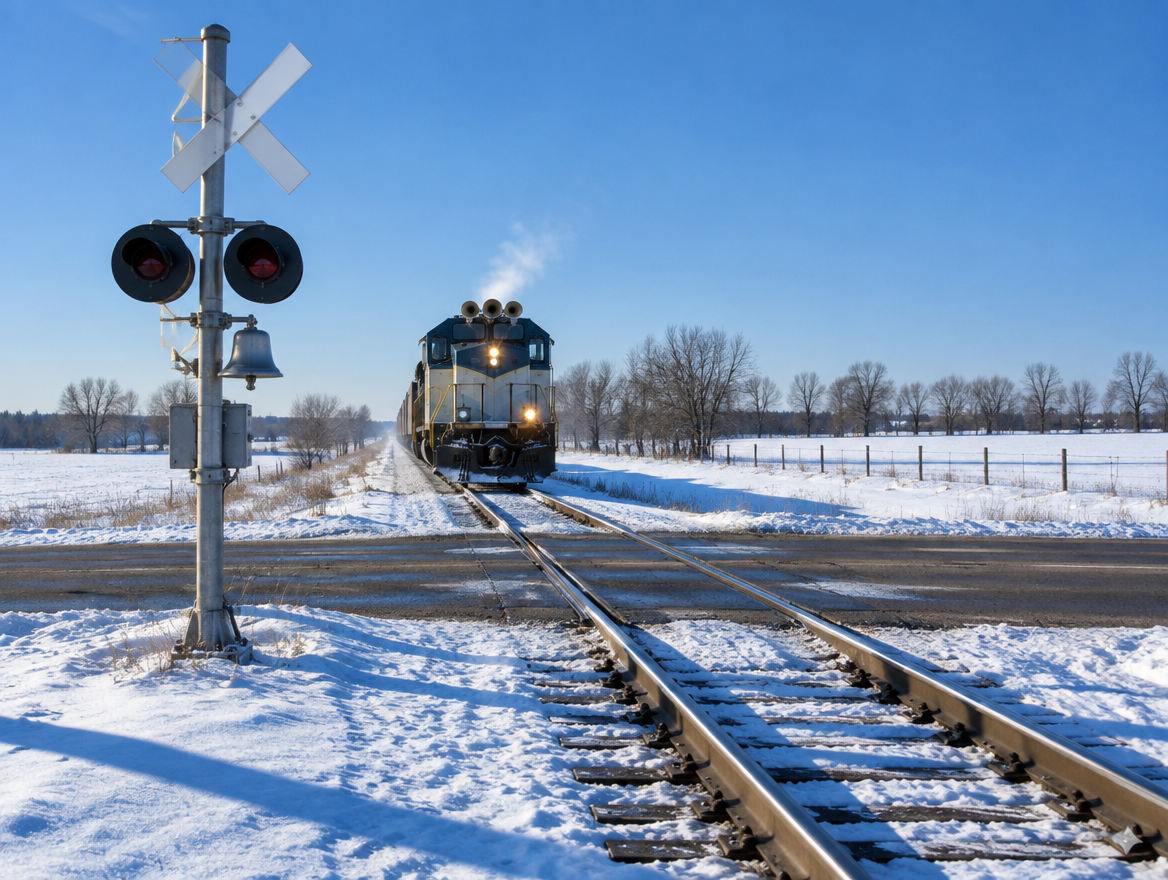 A locomotive approaches a snowy rural level crossing with a crossbuck and signal mast under a bright blue winter sky.