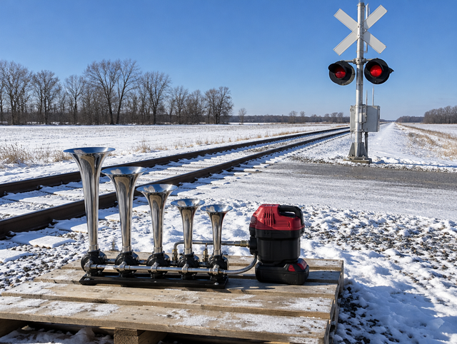A polished multi-trumpet air horn and a red cordless battery pack in the snow beside a rural railway crossing