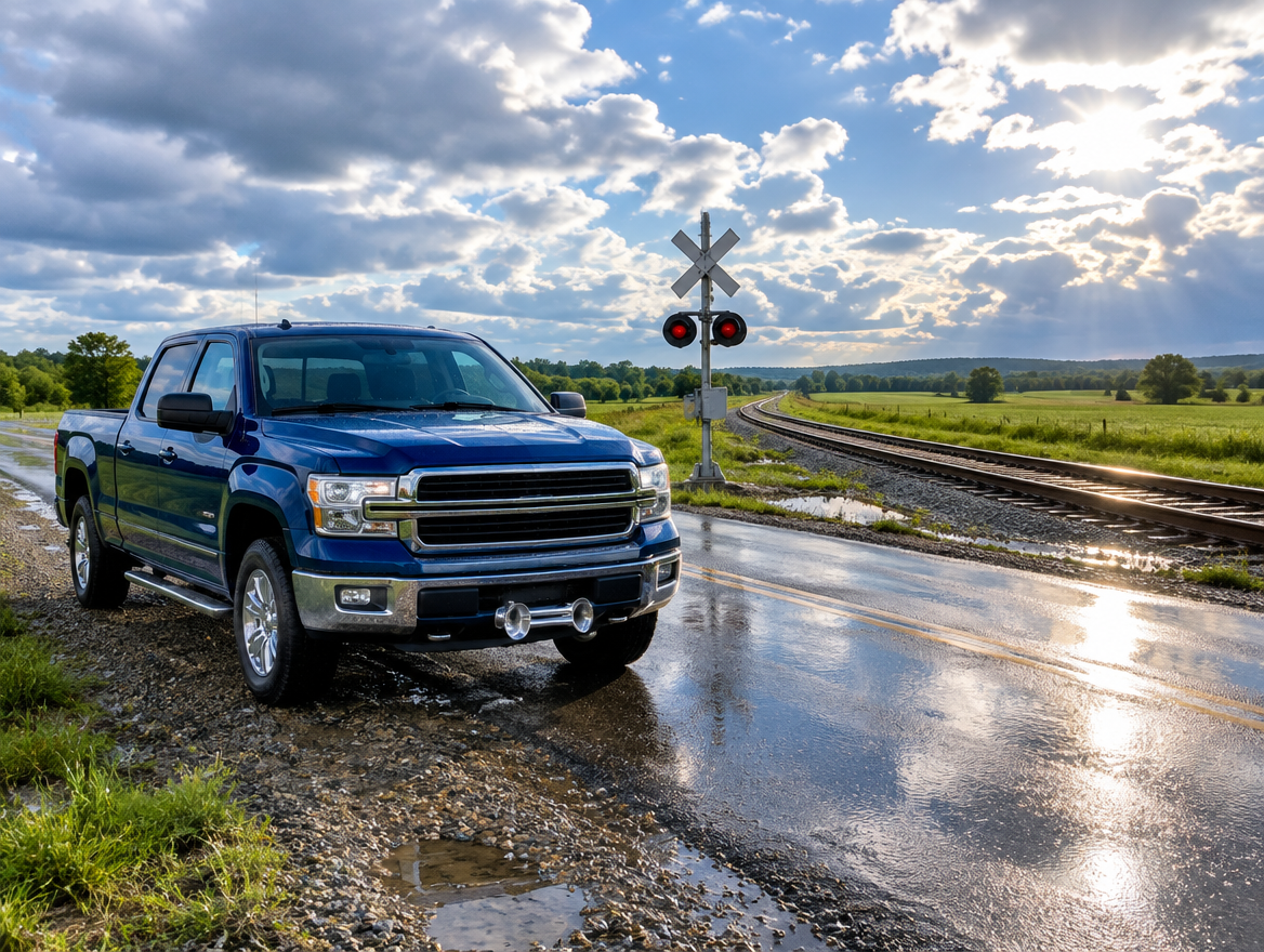 A clean pickup with chrome air horns parked by a rural rail crossing on wet asphalt as the sun breaks through after rain