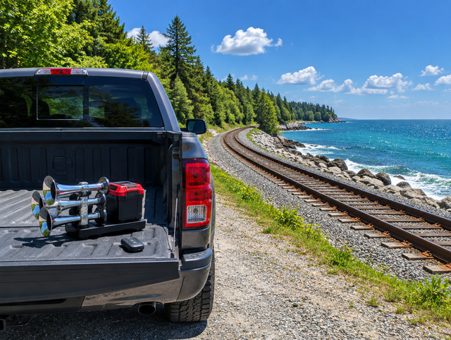 Portable train horn with a red battery on a pickup tailgate beside a coastal railway on a sunny summer day.