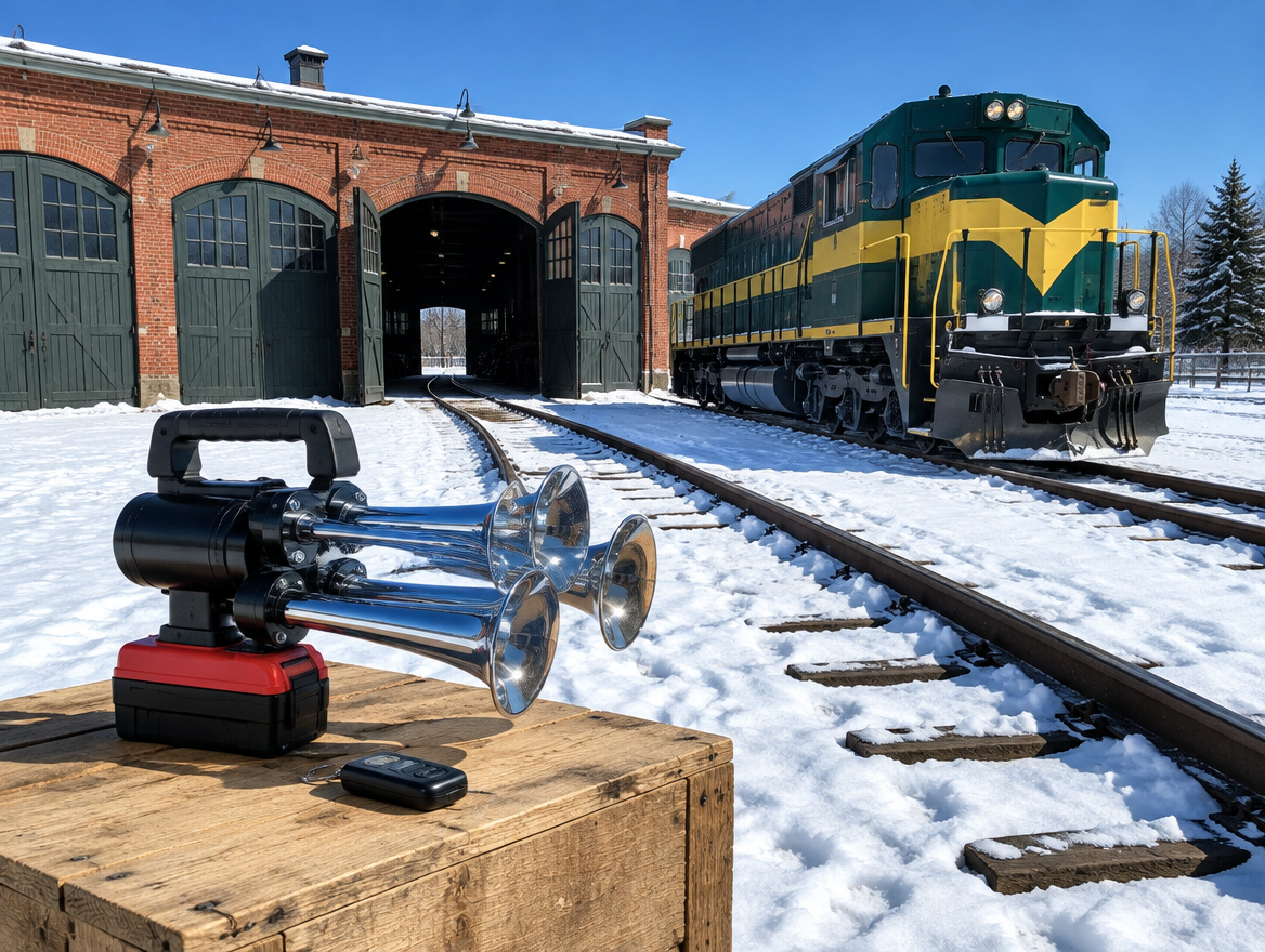 Portable train horn with a red battery pack and small remote on a crate in the snow outside a brick engine shed with a locomotive.