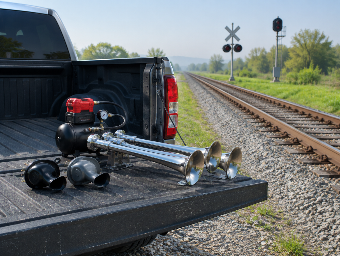 Two compact snail horns and a chrome train horn with a red battery pack on a pickup tailgate beside railroad tracks