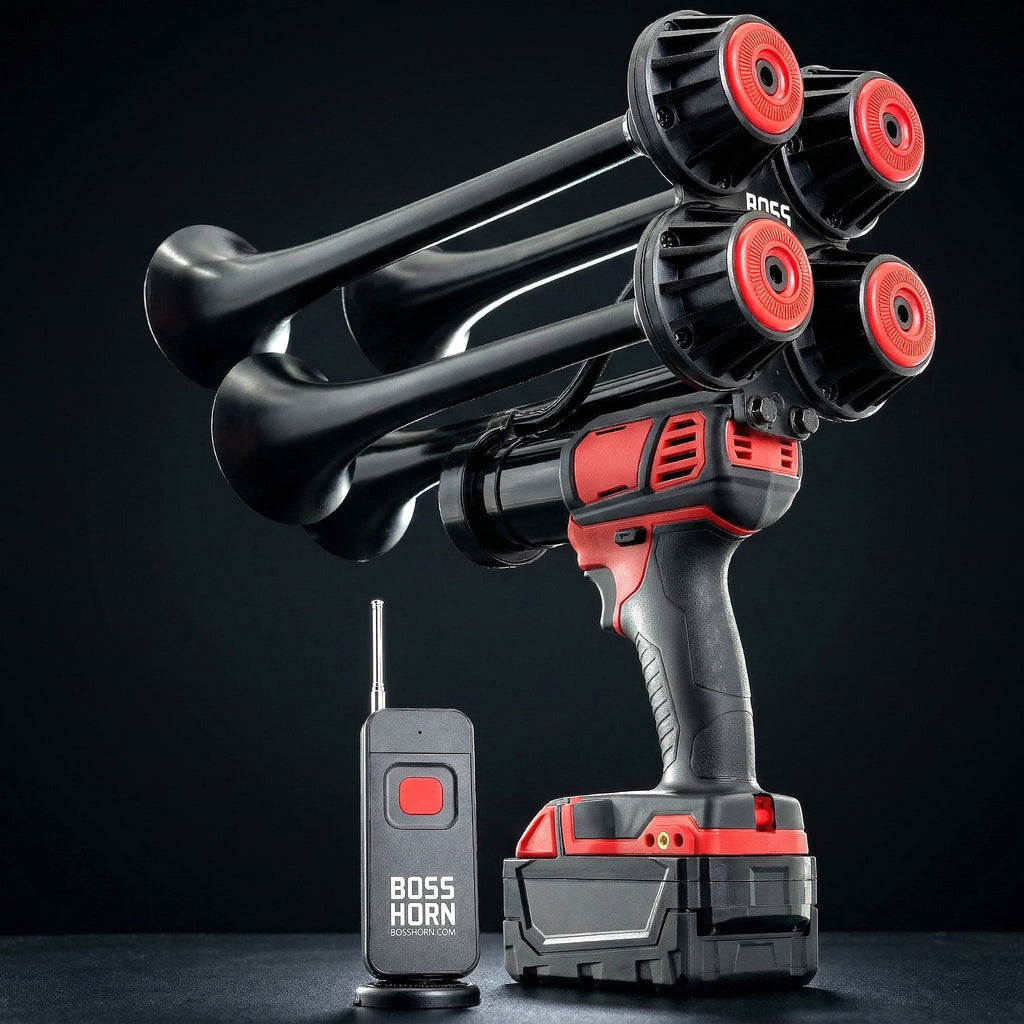 Boss Series quad-trumpet train horn with red and black trumpets mounted on a cordless power tool, beside a wireless remote on a dark background
