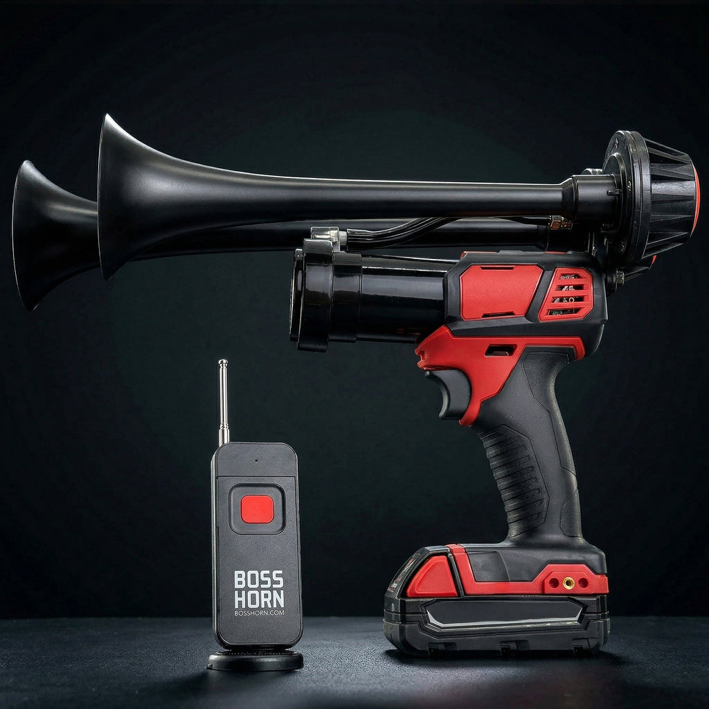 Side view of a black two-trumpet train horn on a red cordless power tool with Milwaukee® M18 battery and black wireless remote on dark surface