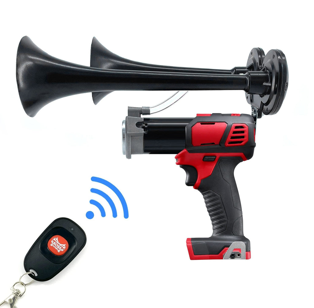 Black dual-trumpet train horn mounted on a cordless power tool with a Milwaukee® M18 battery, plus a wireless key-fob remote sending a signal