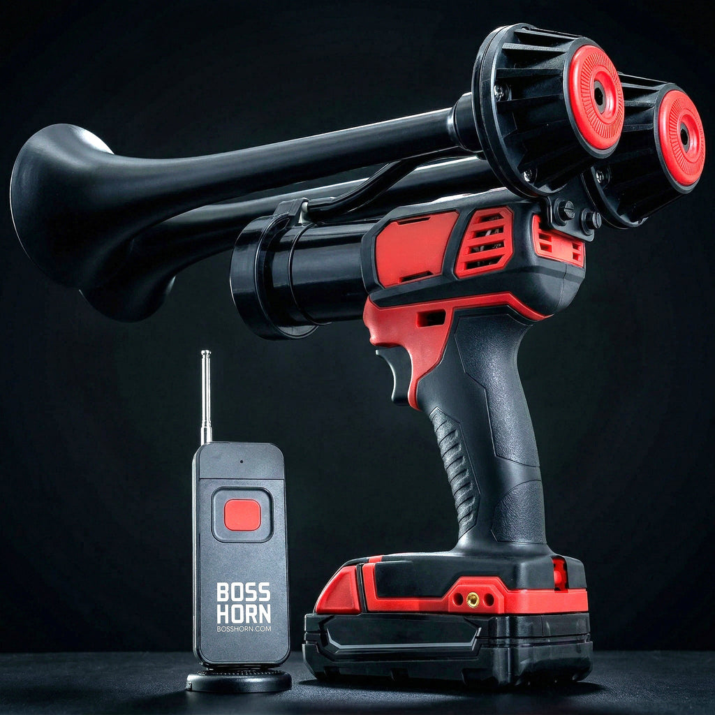 Black and red dual-trumpet train horn with red trumpet openings, mounted on a cordless power tool with Milwaukee® M18 battery and wireless remote