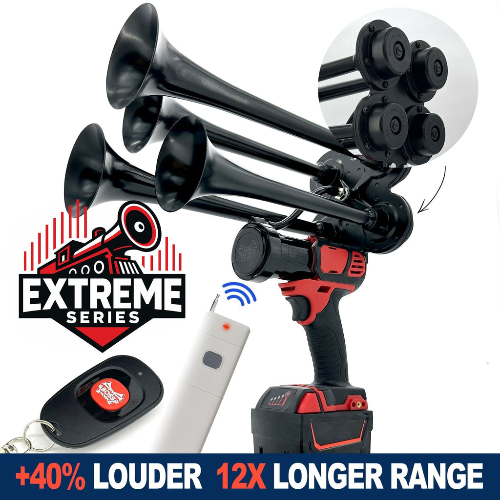 Black quad-trumpet Extreme Series train horn on a cordless power tool with Milwaukee® M18 battery, plus wireless remote; +40% louder, 12X longer range