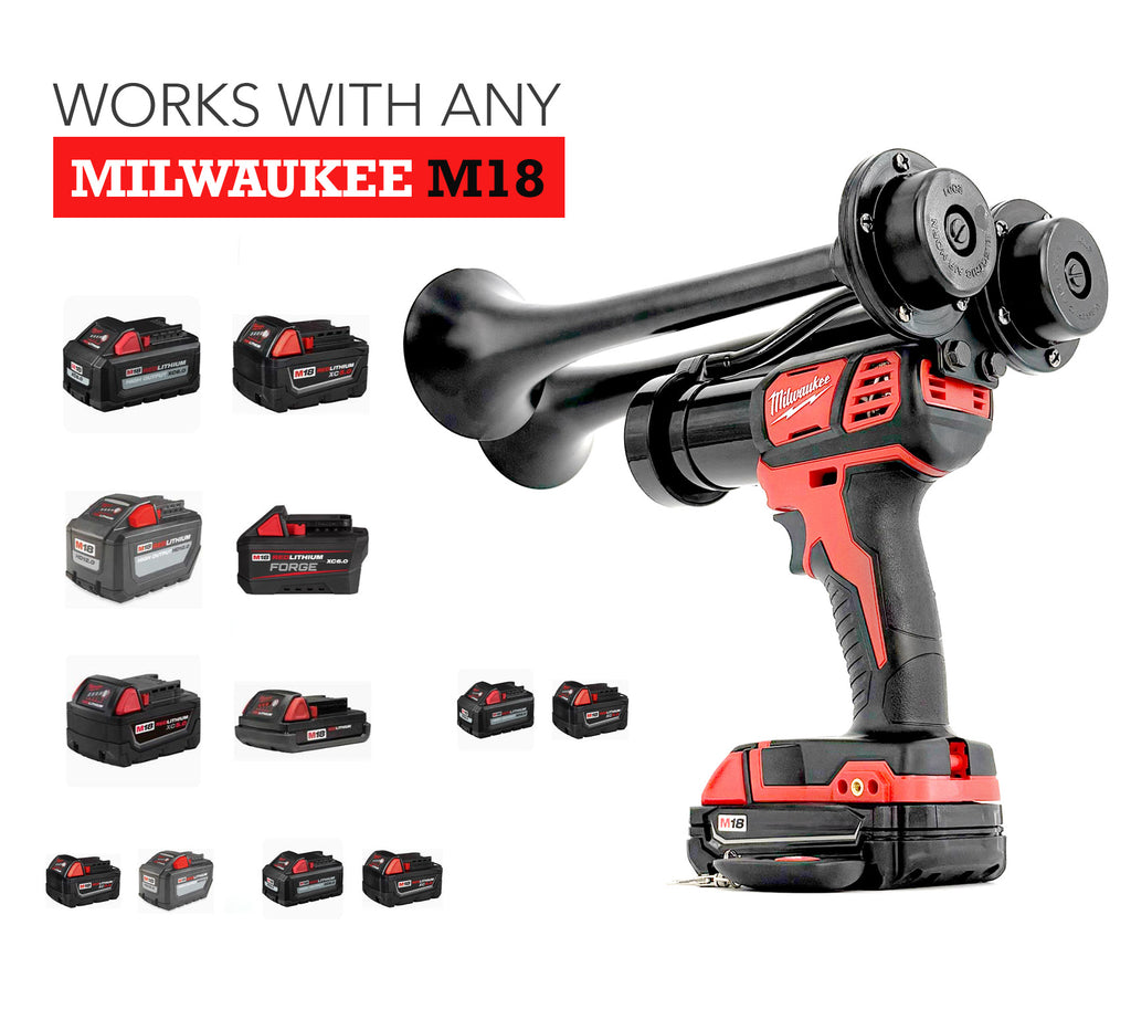 Milwaukee Train Horn M18 cordless drill with multiple batteries on a white background