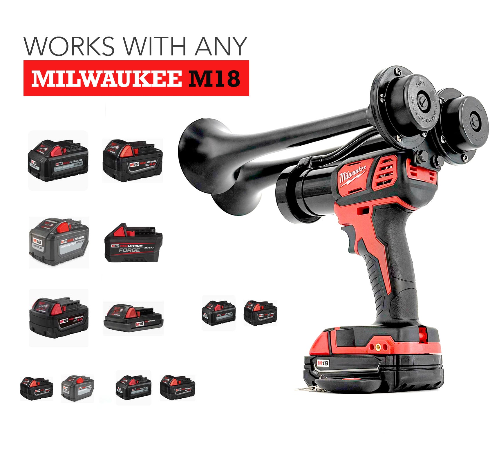 Milwaukee Train Horn M18 cordless drill with multiple batteries on a white background