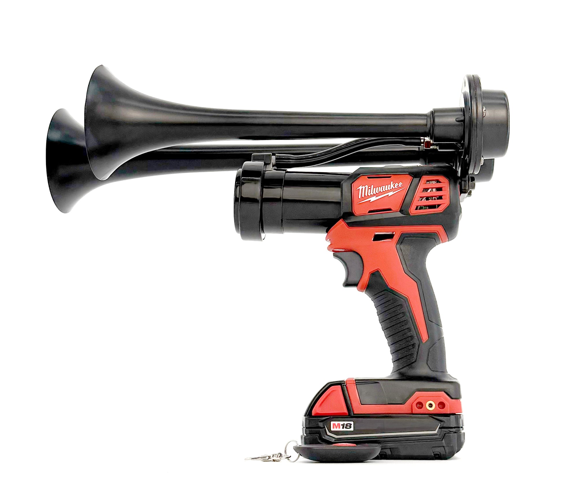 Black and red air horn with Milwaukee branding on a white background