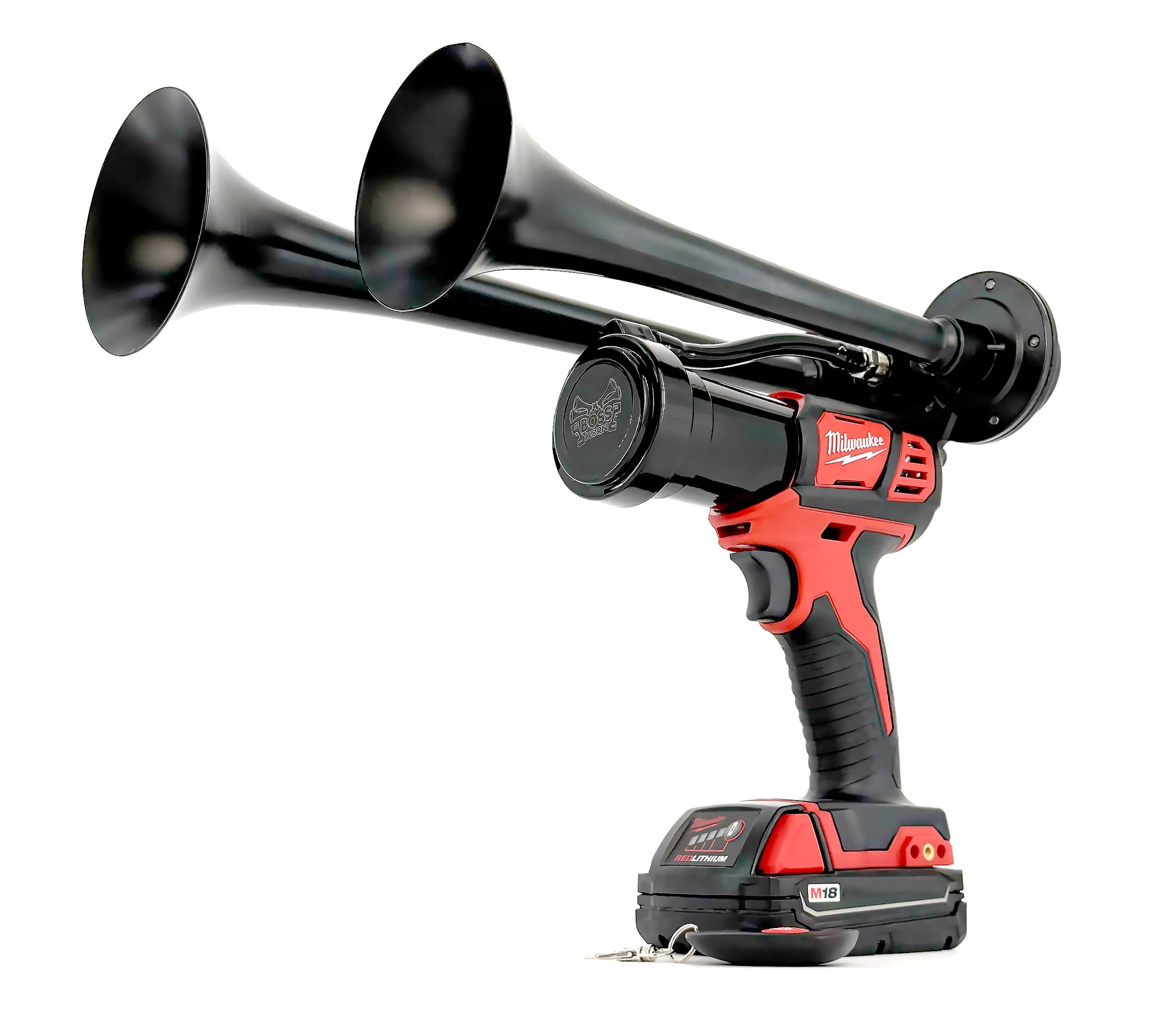 Black and red cordless drill with attachments on a white background