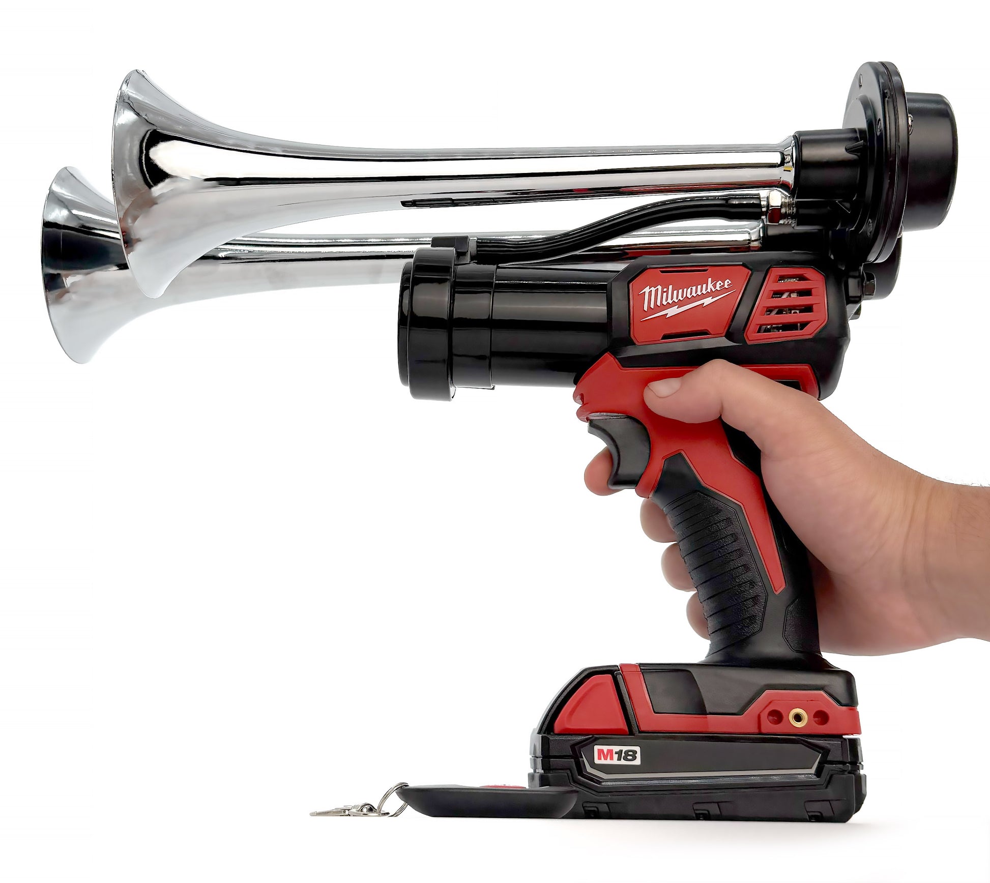 Hand holding a cordless air compressor with a visible brand logo on a white background