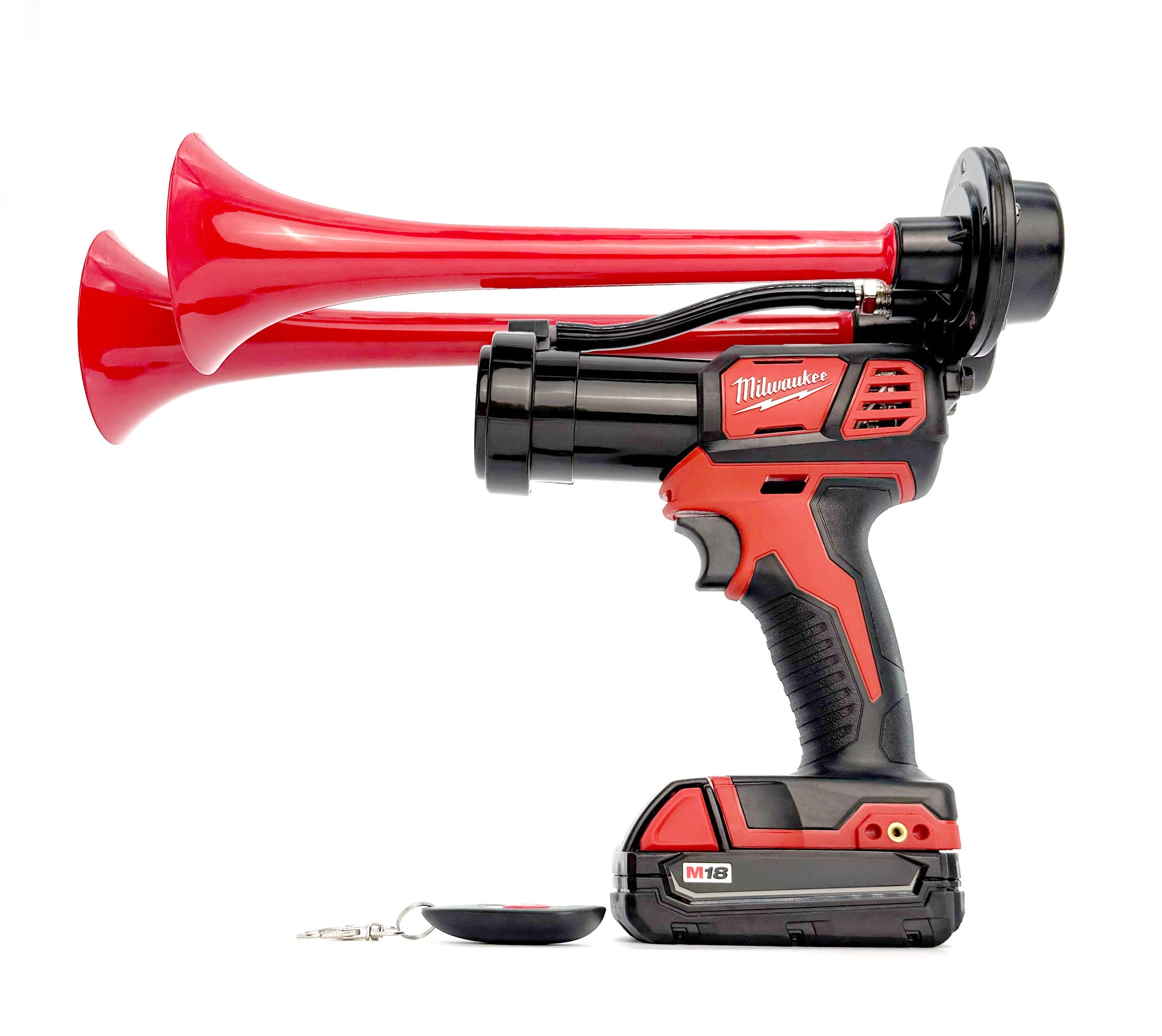 Red and black Milwaukee Air Horn on a white background