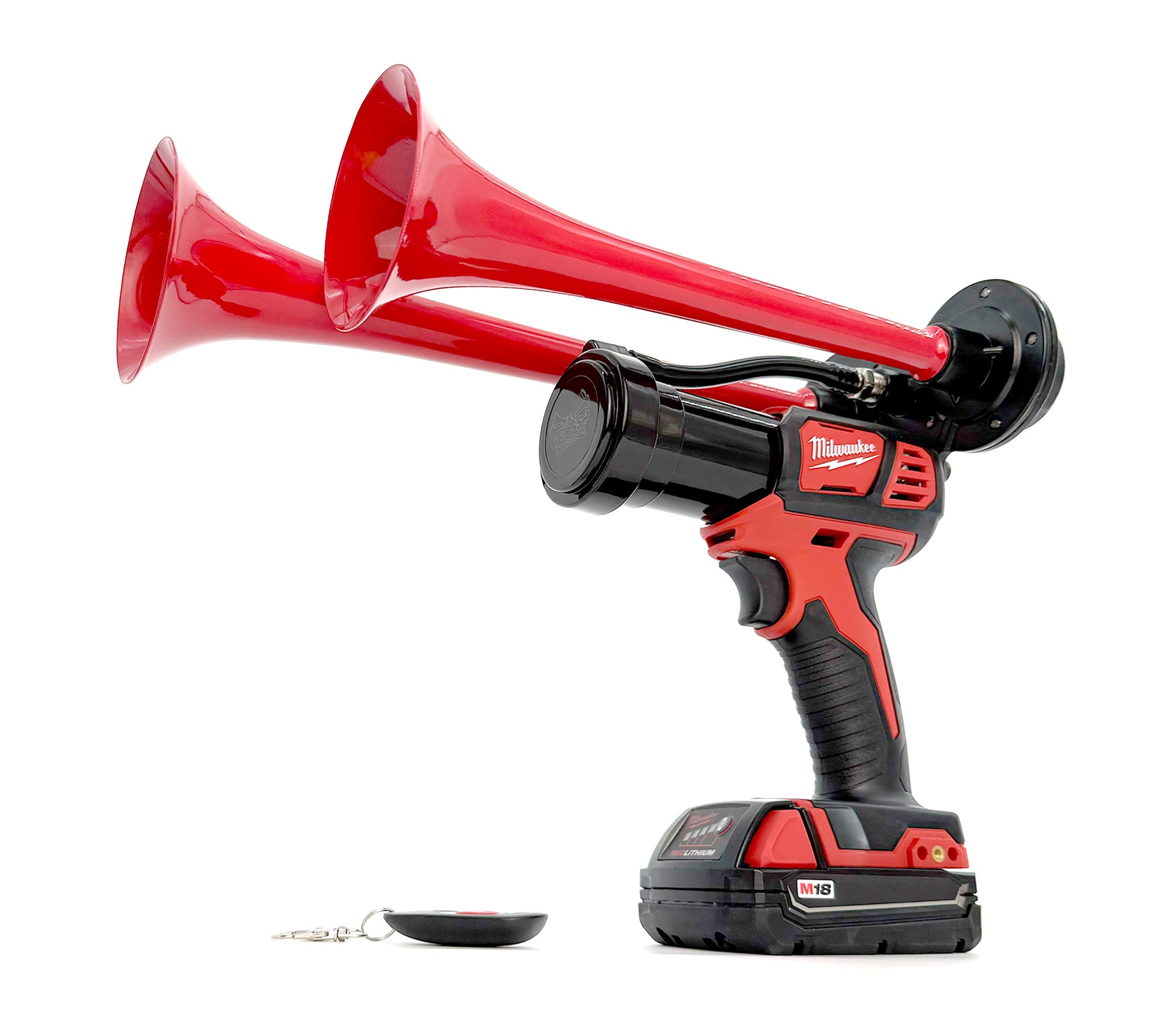 Red and black Milwaukee power tool with a large red horn on a white background