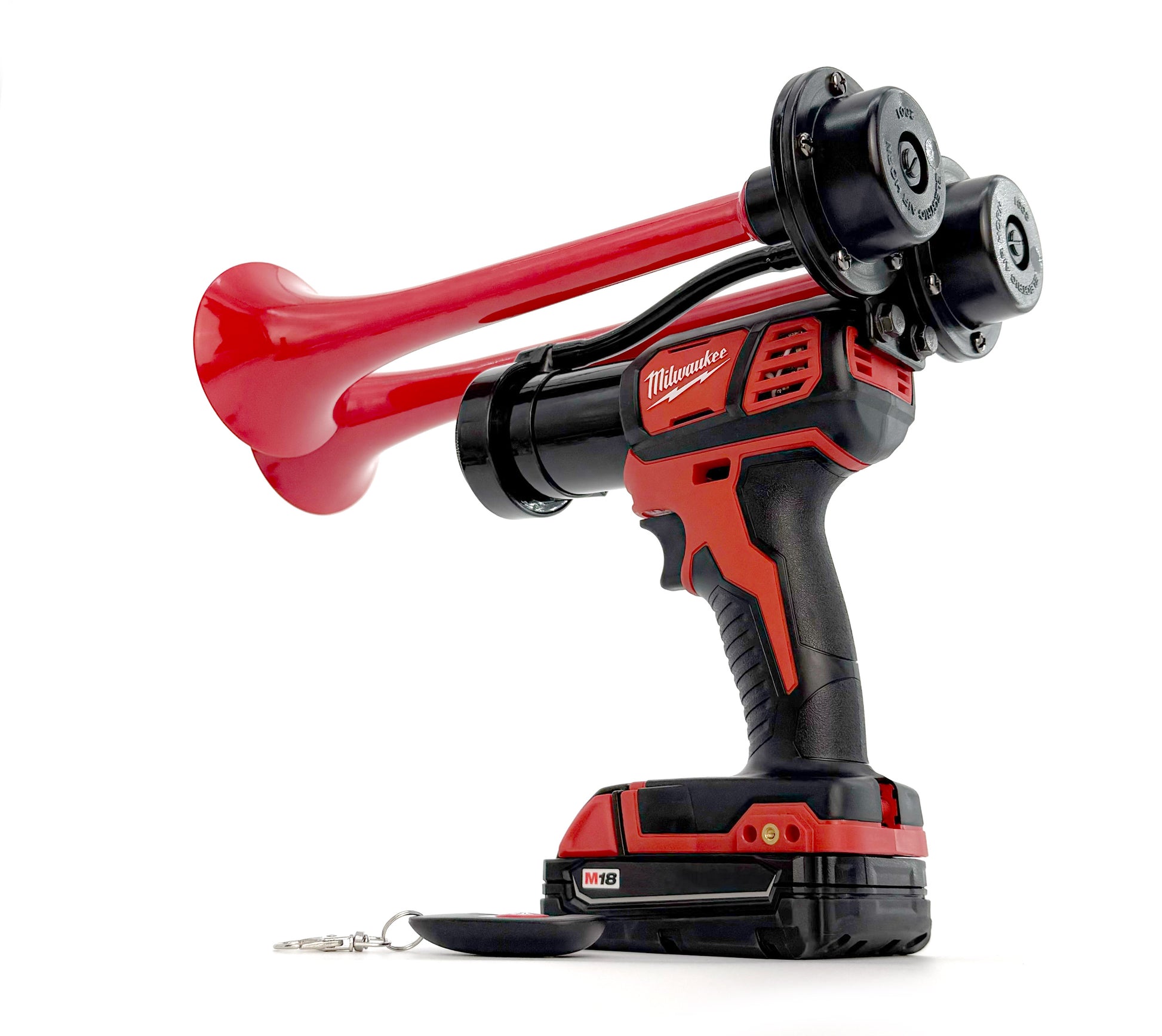 Red and black Milwaukee tool with a horn on a white background