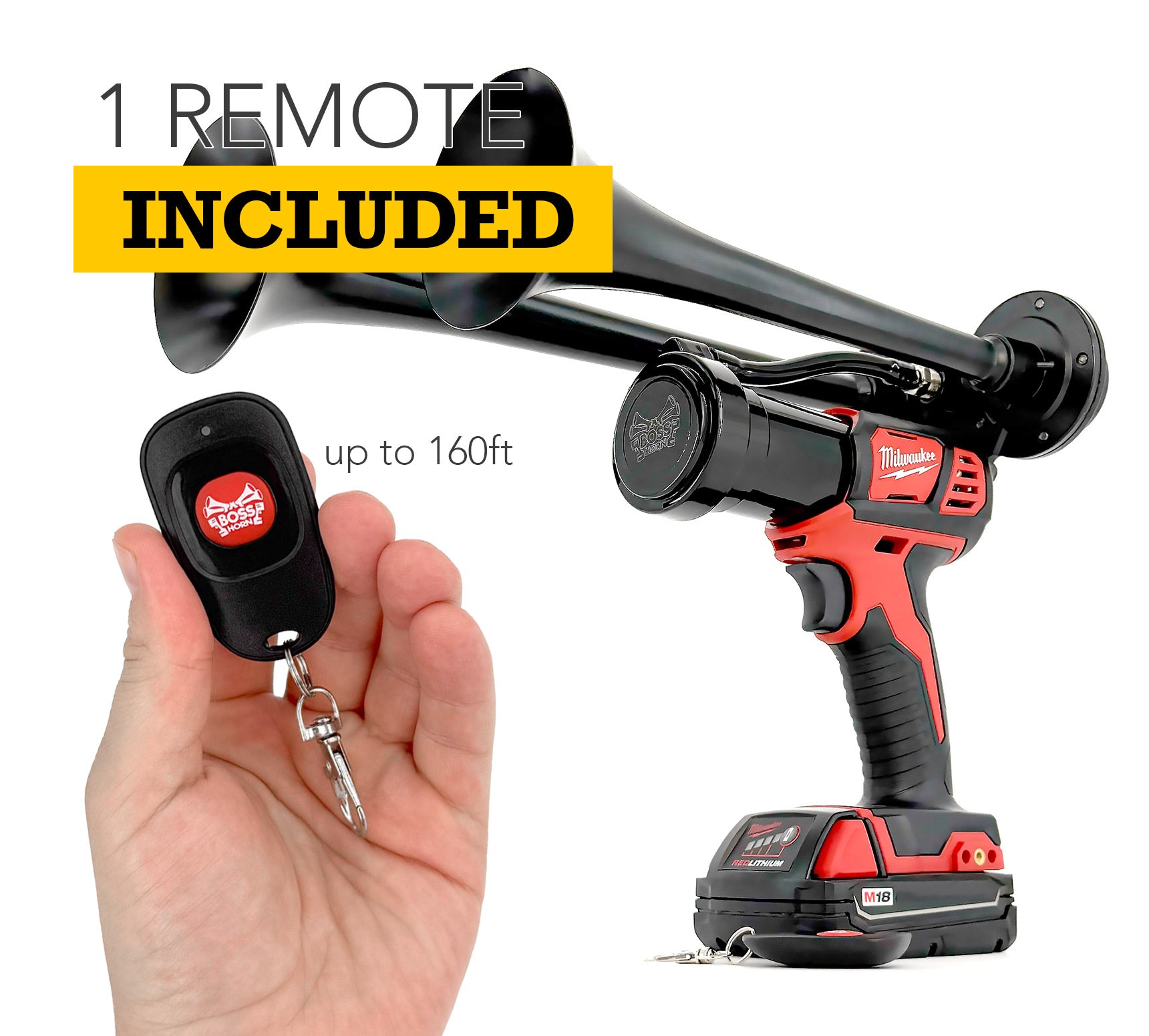 Milwaukee Train Horn with remote control on a white background