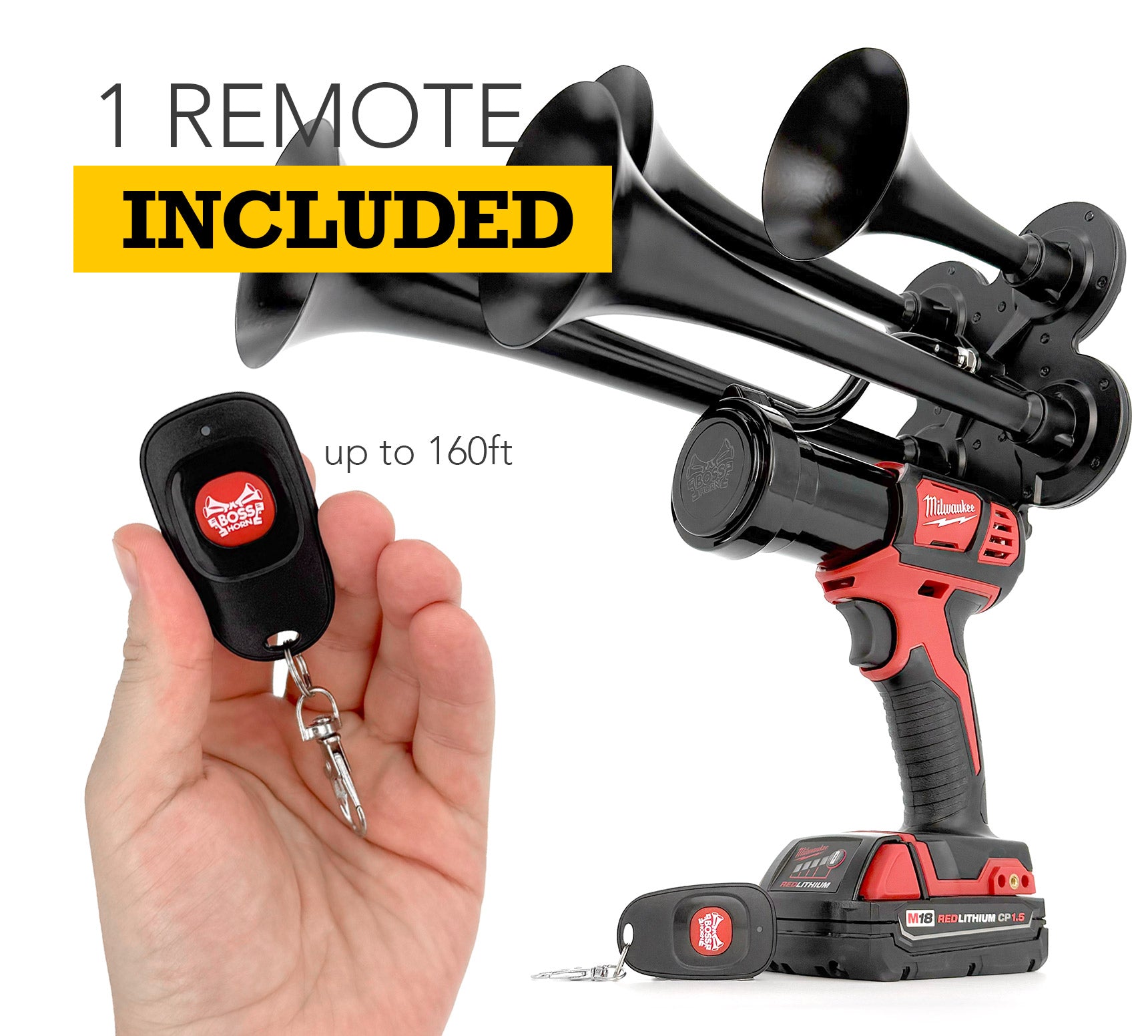 Black and red air horn with remote control held in a hand on a white background