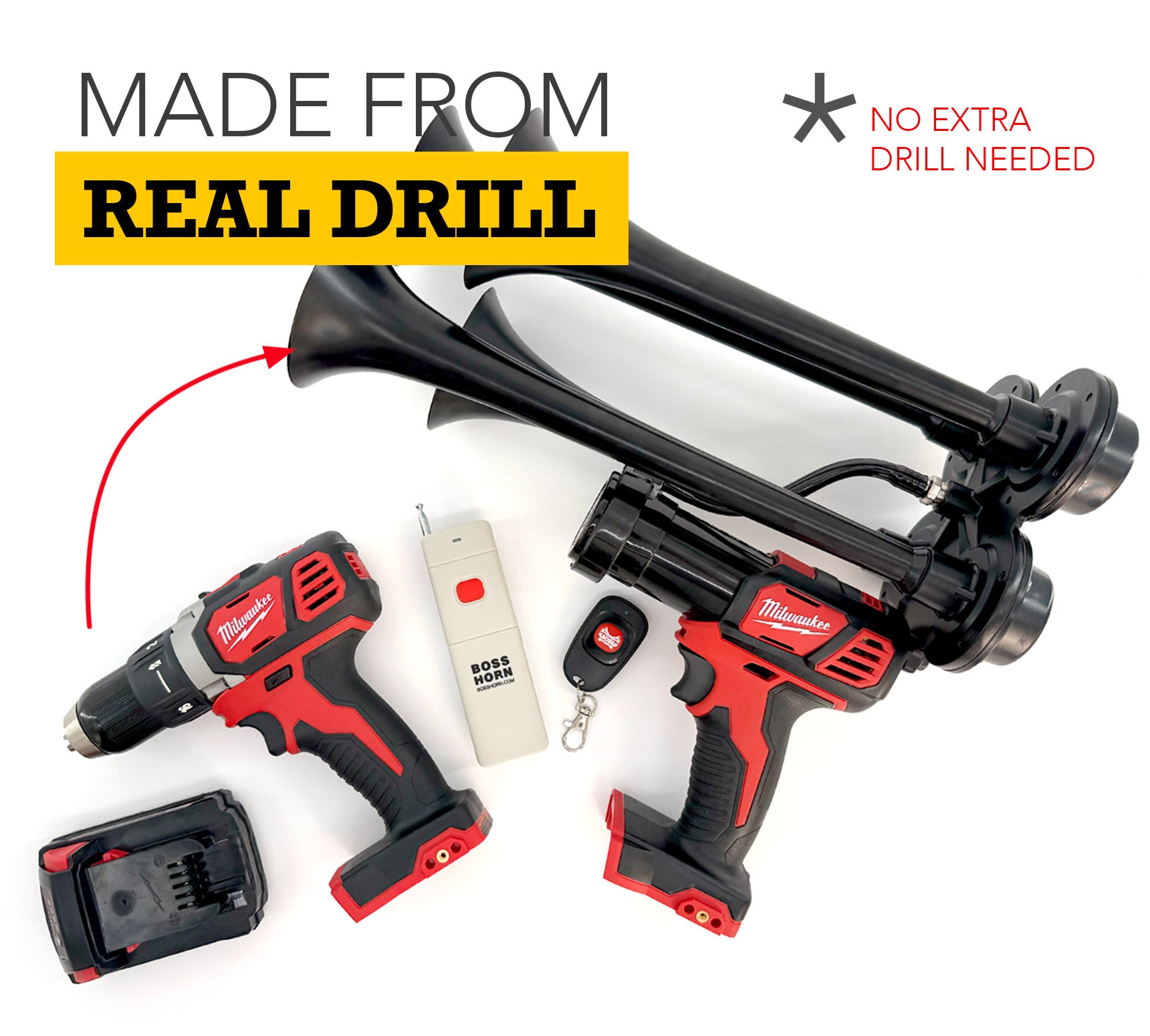 Milwaukee Train Horn  set with a drill on a white background, featuring text 'Made from Real Drill' and 'No Extra Drill Needed'.