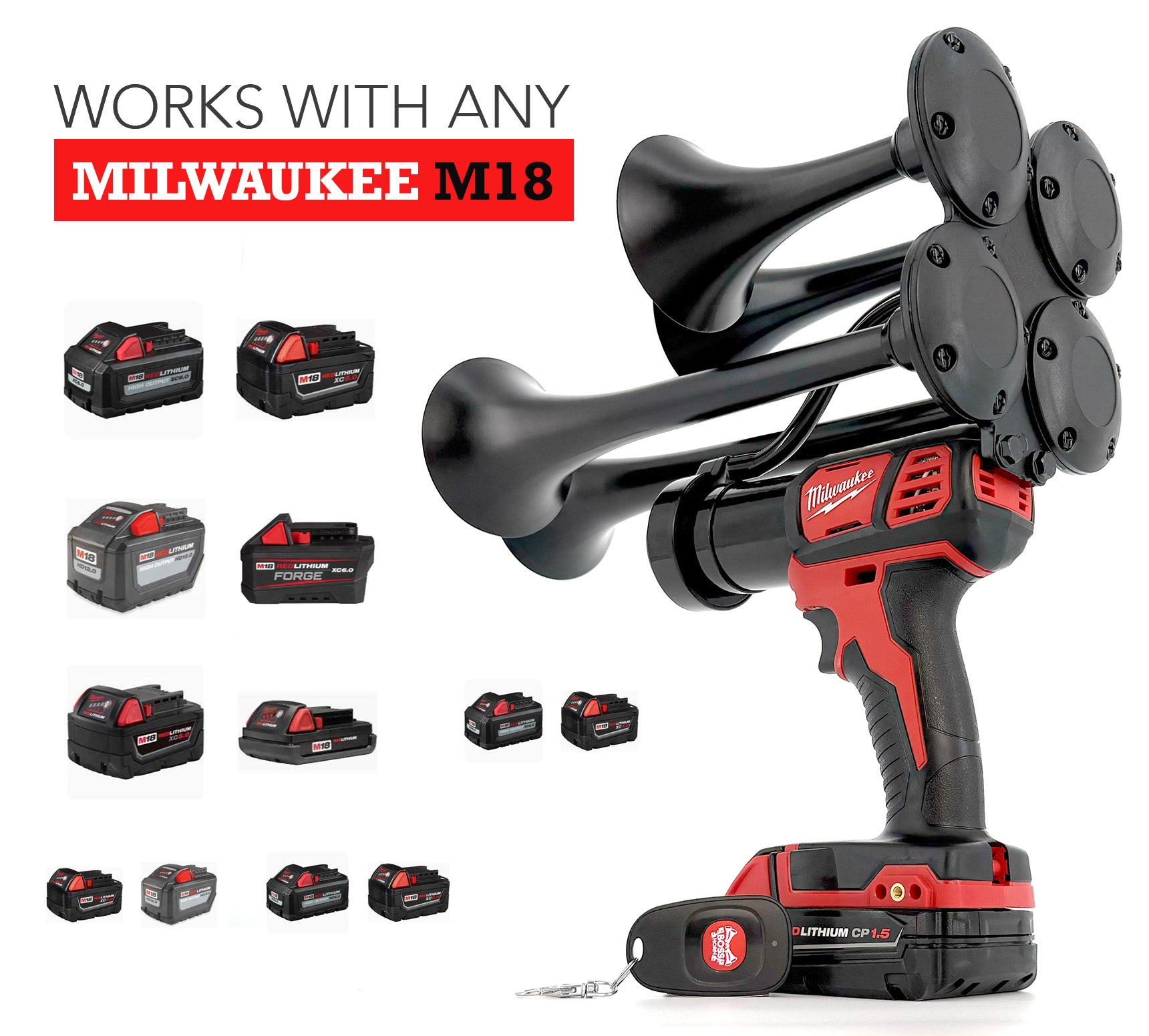 Milwaukee M18 Train Horn with attachments on a white background
