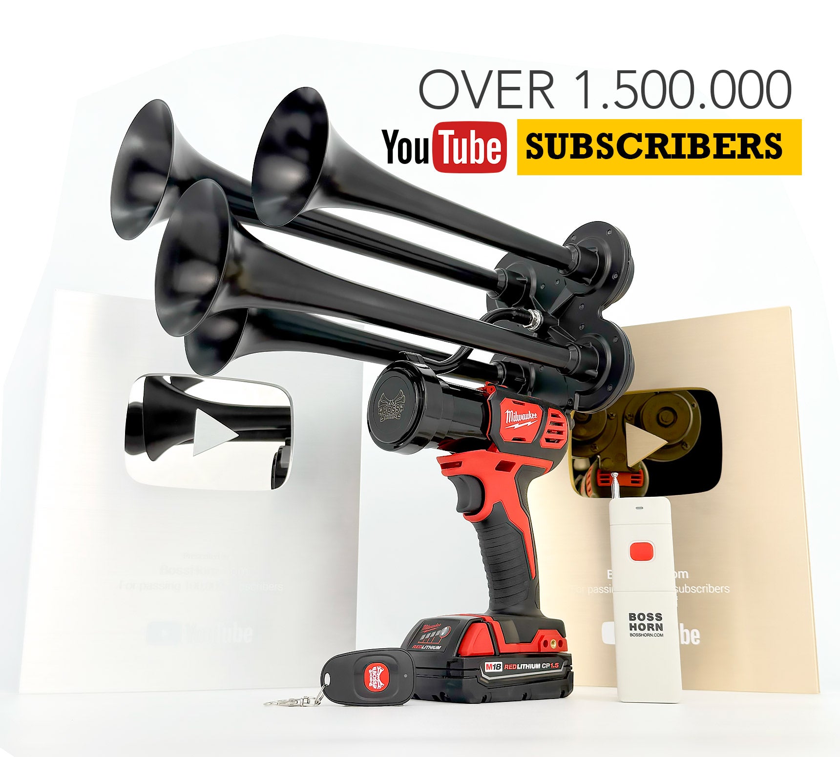 Milwaukee Train Horn  with red and black power drill on a white background, featuring YouTube subscriber count text.