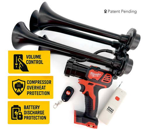 Black air horn with Milwaukee tool and remote control on a white background