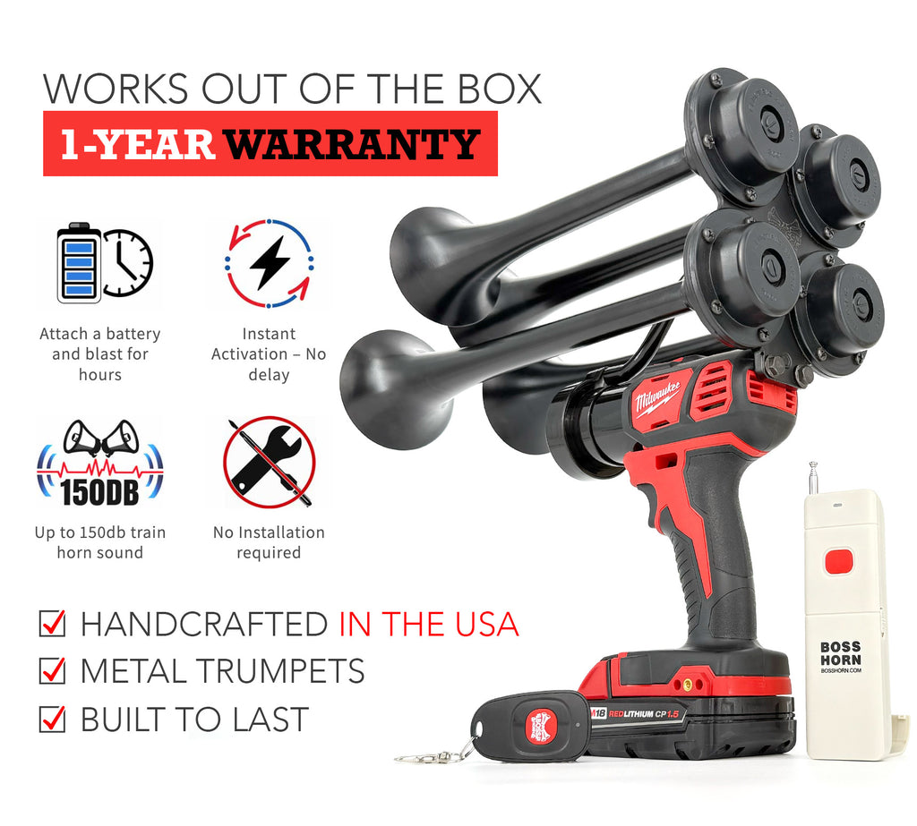 Milwaukee cordless train horn with features and warranty information on a white background